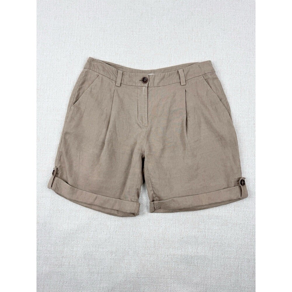 Eileen Fisher Women's Taupe Brown 100% Organic Linen Waist Roll Tabs Shorts Size